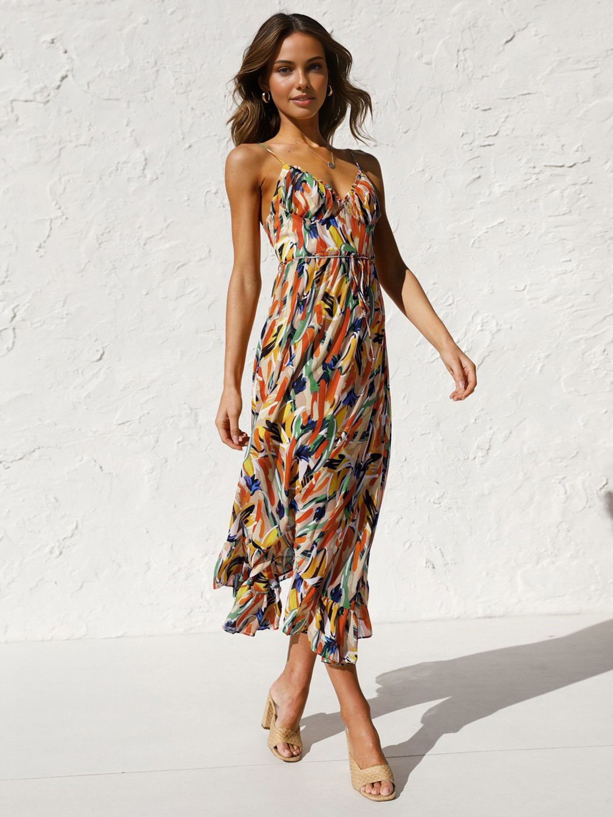 Multi Color Print Cami Midi Dress-Chicvia