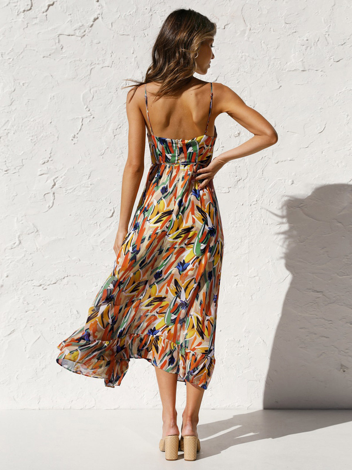 Multi Color Print Cami Midi Dress-Chicvia
