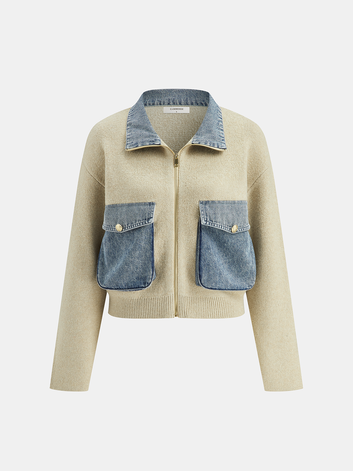 Denim Panel Zipper-Front Knit Cardigan-Chicvia