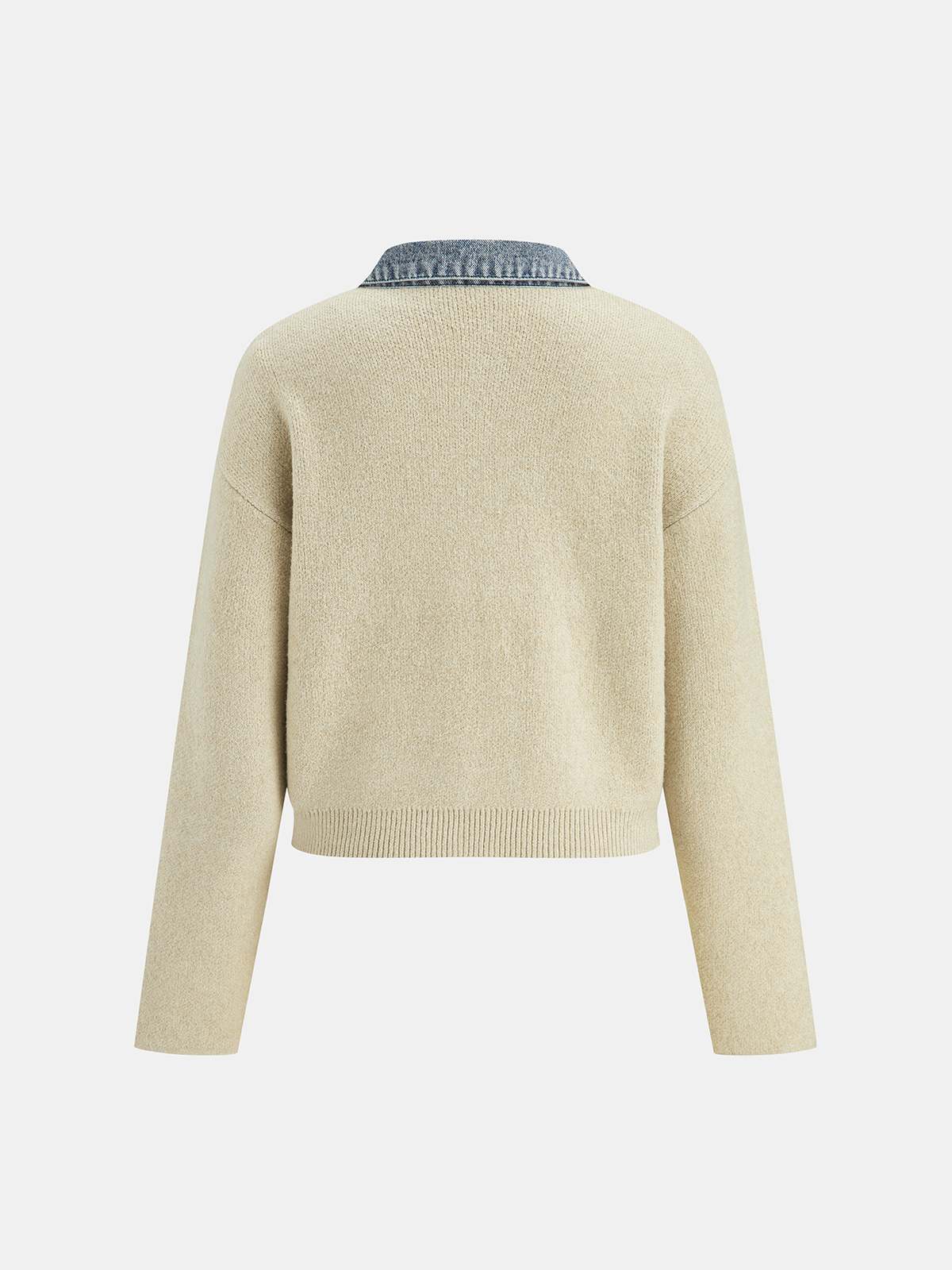 Denim Panel Zipper-Front Knit Cardigan-Chicvia