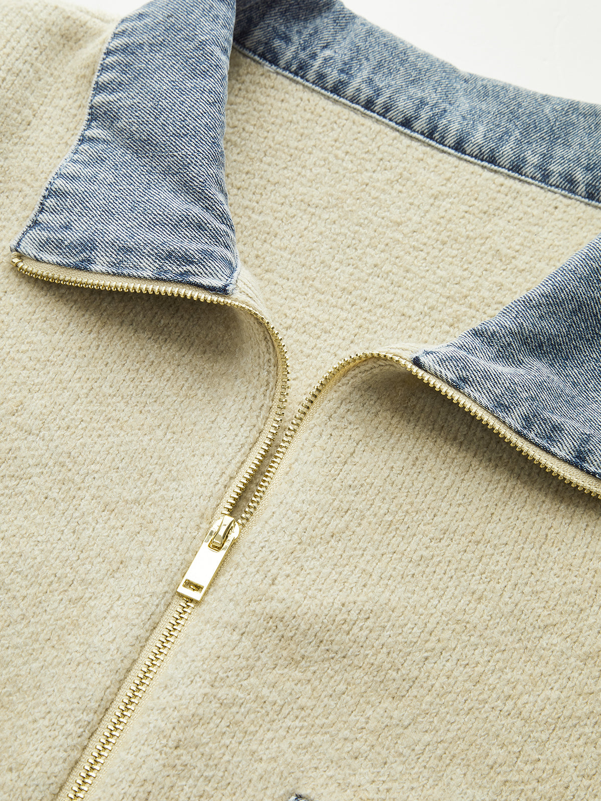Denim Panel Zipper-Front Knit Cardigan-Chicvia