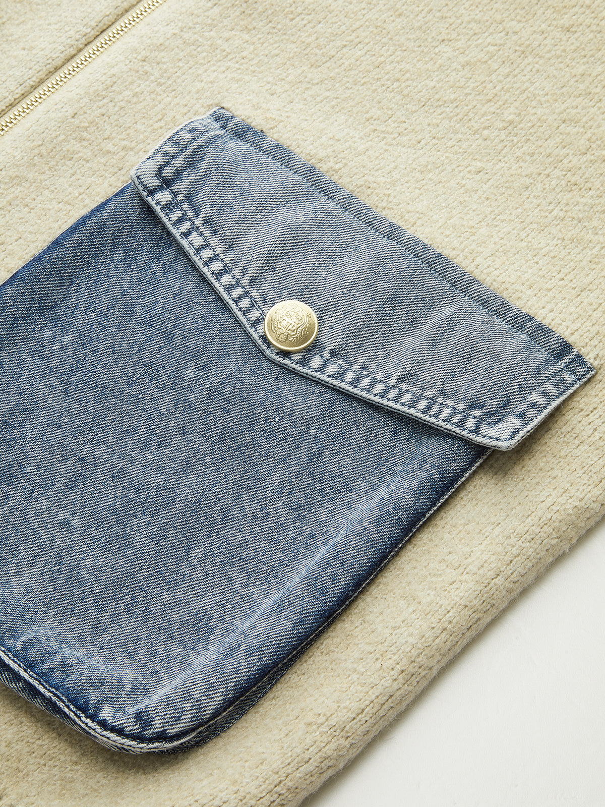 Denim Panel Zipper-Front Knit Cardigan-Chicvia