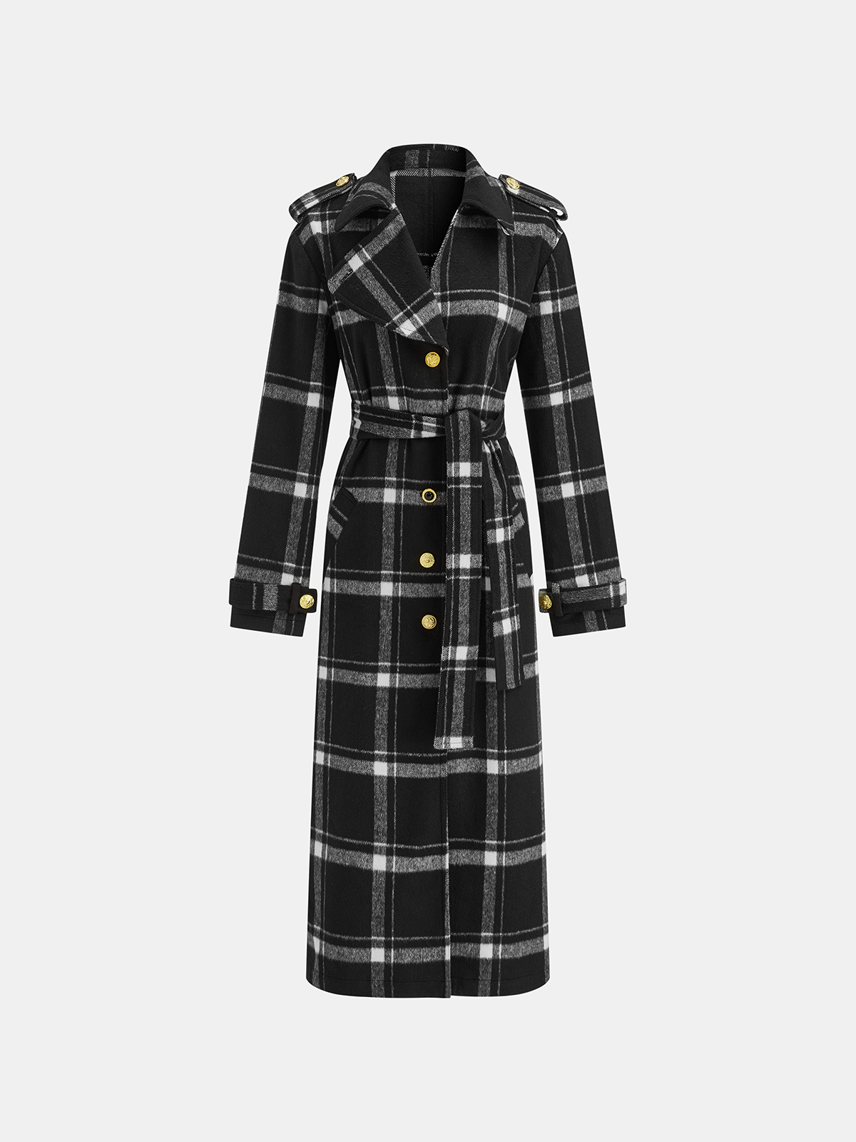 Plaid Belted Wool Blend Trench Coat-Chicvia