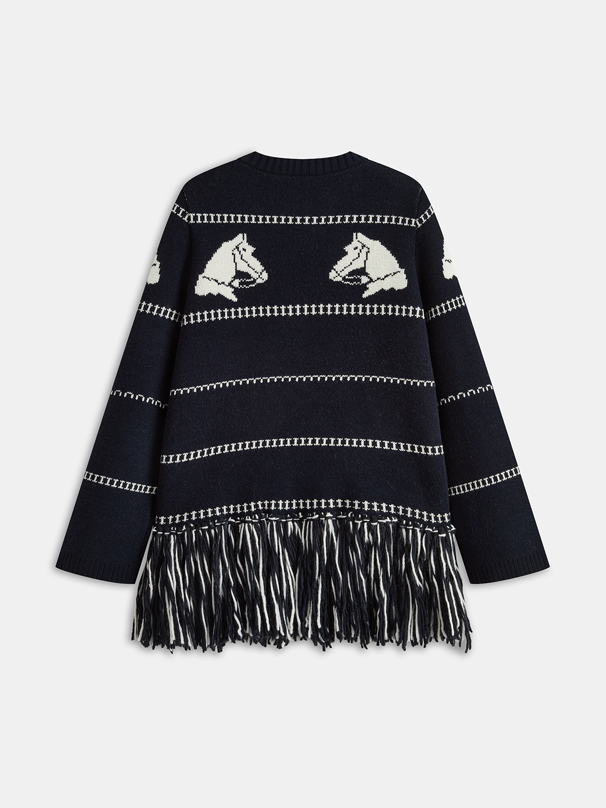 Horse-Pattern Wool Blend Fringe Cardigan-Chicvia