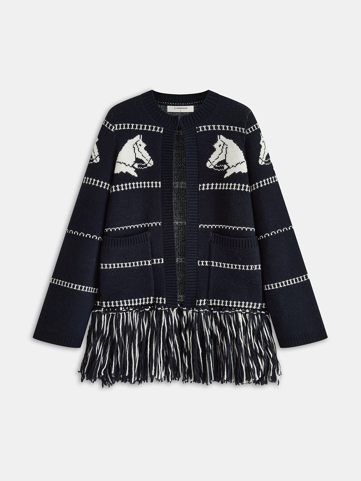 Horse-Pattern Wool Blend Fringe Cardigan-Chicvia