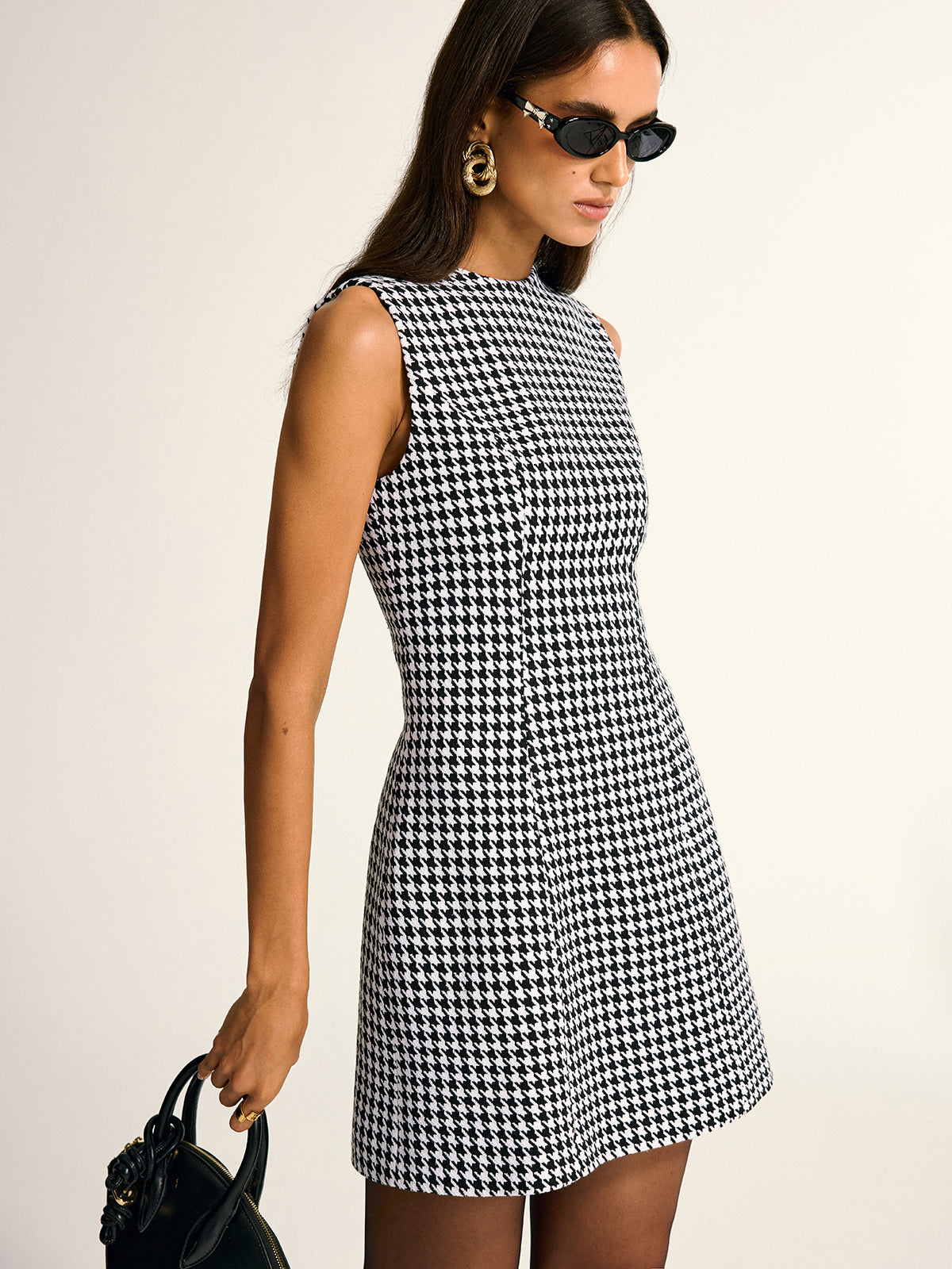 Houndstooth Sleeveless A-Line Mini Dress-Chicvia