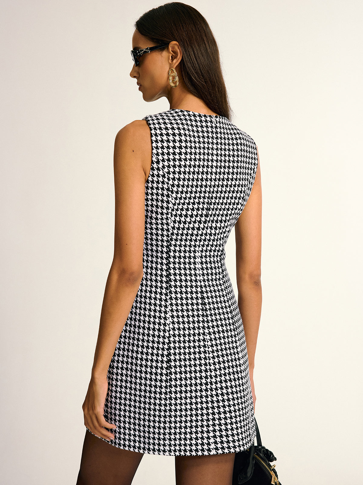 Houndstooth Sleeveless A-Line Mini Dress-Chicvia