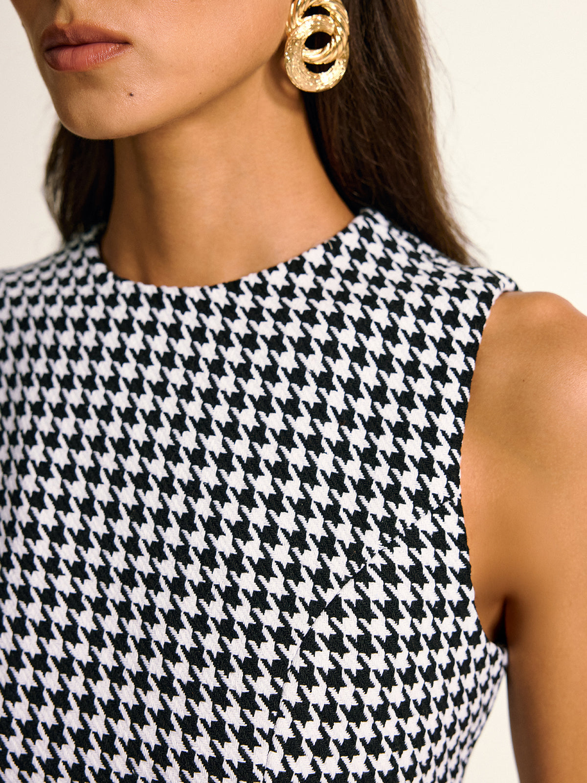 Houndstooth Sleeveless A-Line Mini Dress-Chicvia