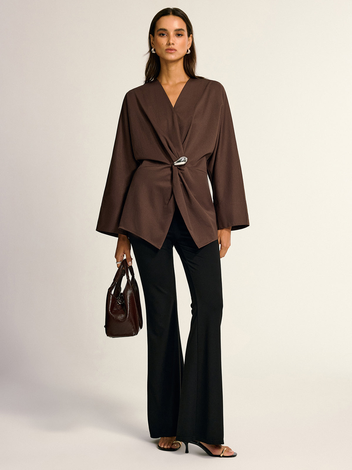 Metal Detail Draped Shirt-Chicvia