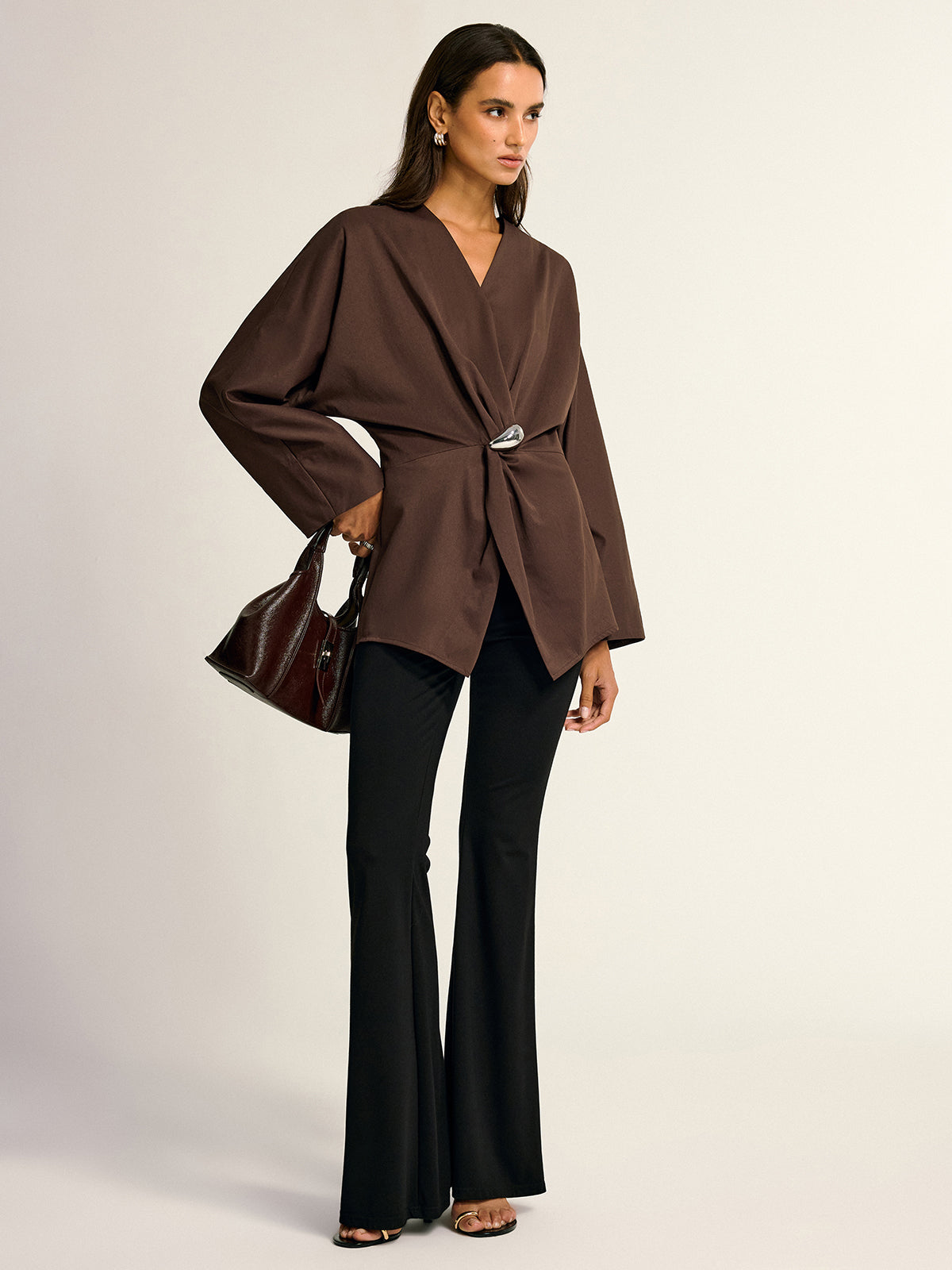 Metal Detail Draped Shirt-Chicvia