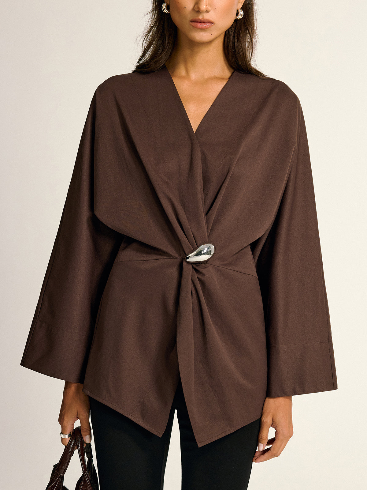 Metal Detail Draped Shirt-Chicvia