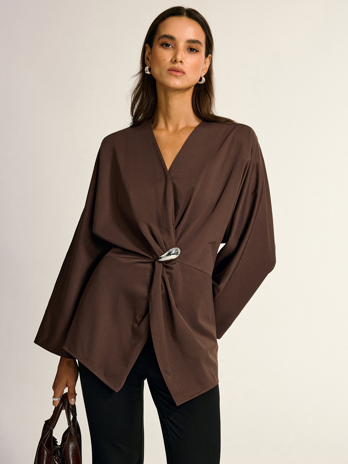 Metal Detail Draped Shirt-Chicvia