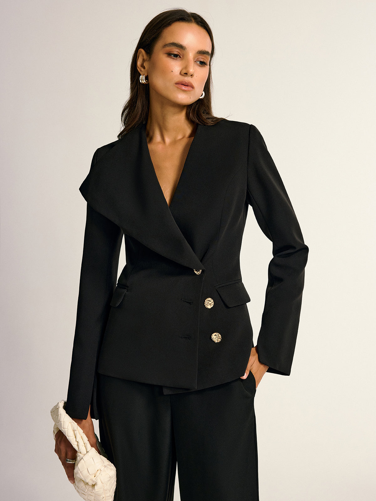 Metal Button Shawl Collar Blazer-Chicvia