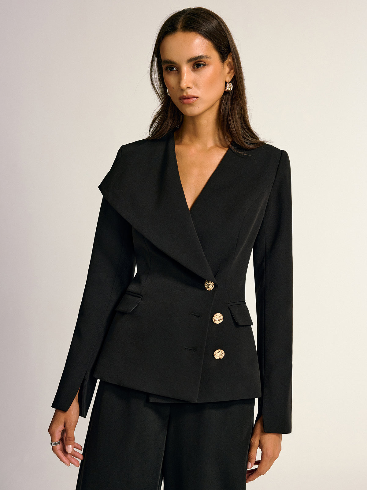 Metal Button Shawl Collar Blazer-Chicvia