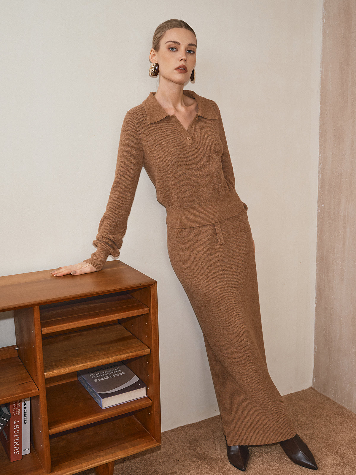 Mid-Waist Button Detail Sweater Skirt-Chicvia