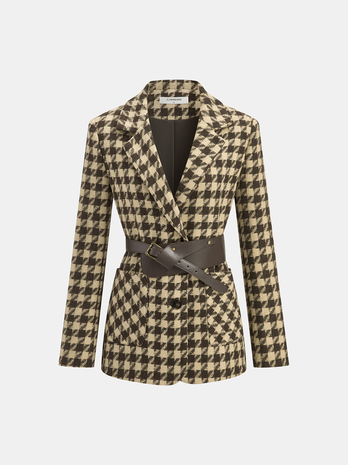 Houndstooth Belted Blazer-Chicvia