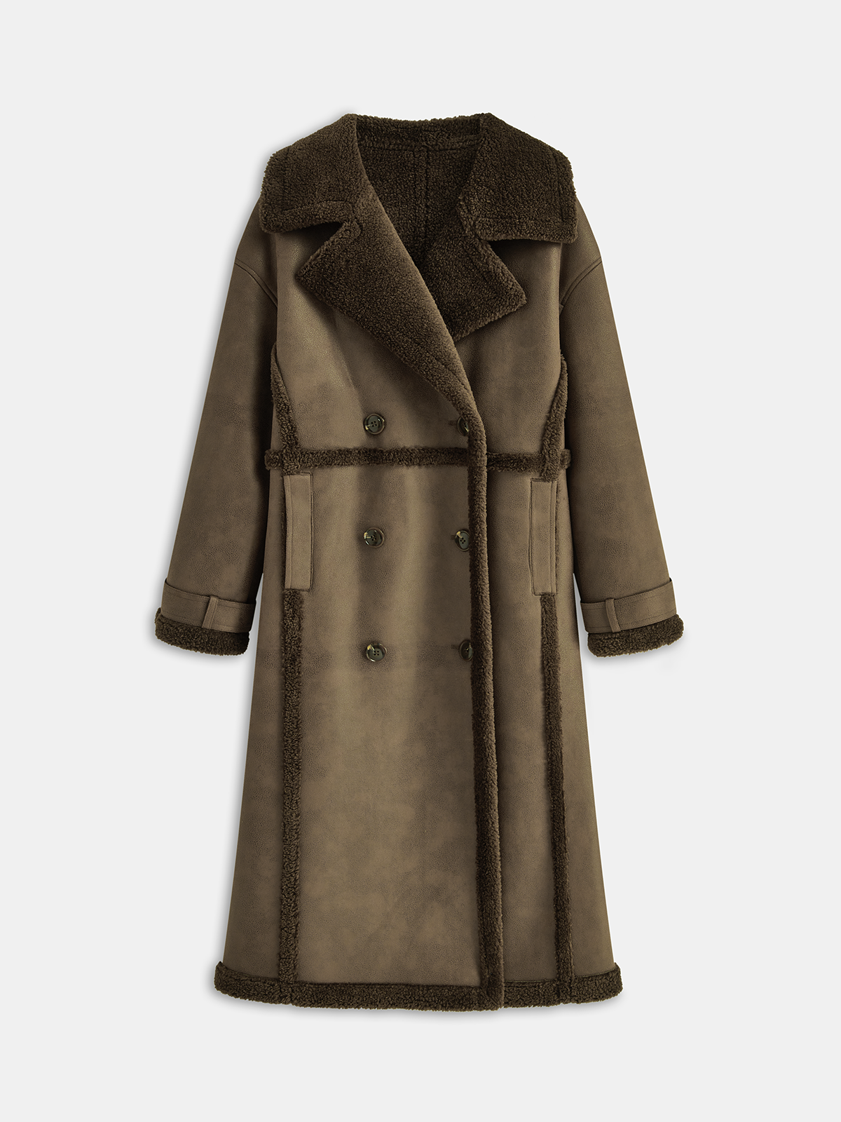 Double-Breasted Fleece Lined Faux Leather Longline Coat-Chicvia