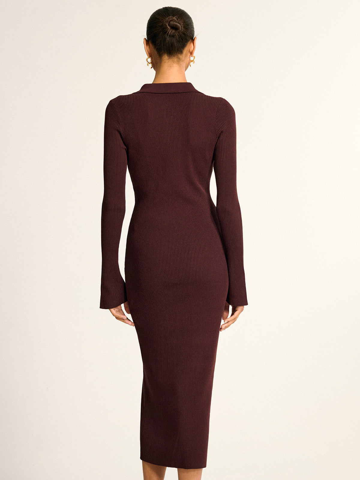 Metal Button Collar Ribbed Knit Midi Dress-Chicvia