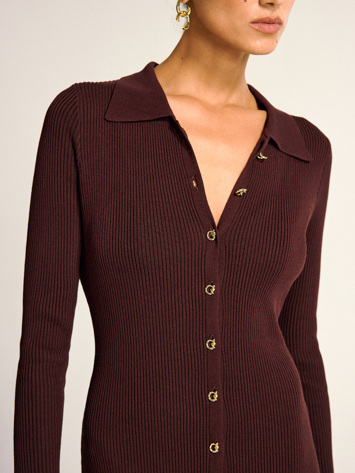 Metal Button Collar Ribbed Knit Midi Dress-Chicvia