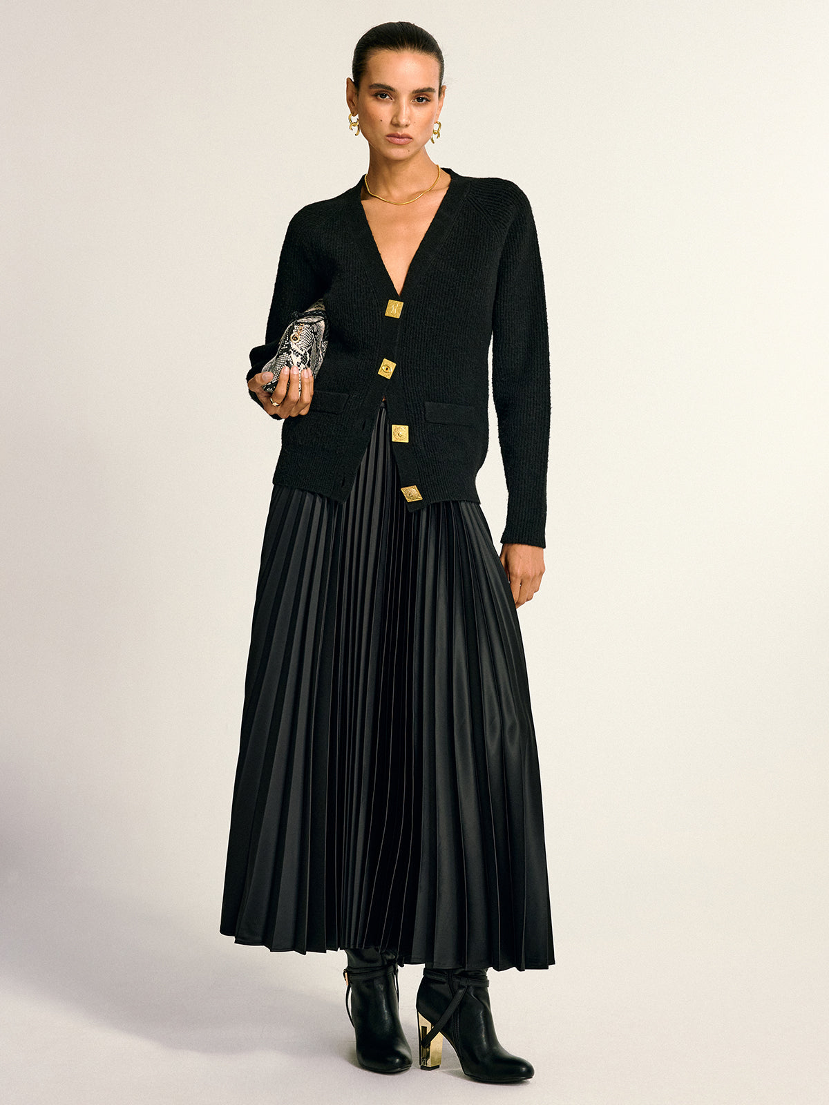 Metal Button V-Neck Wool Blend Cardigan-Chicvia