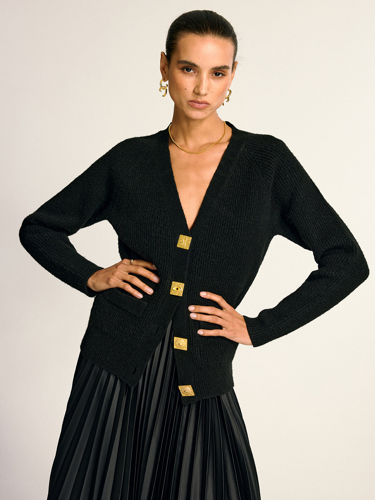 Metal Button V-Neck Wool Blend Cardigan-Chicvia