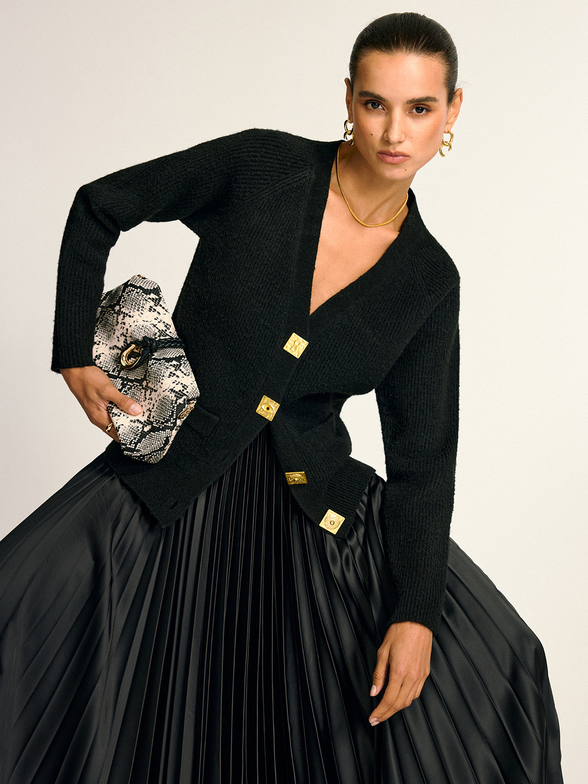 Metal Button V-Neck Wool Blend Cardigan-Chicvia