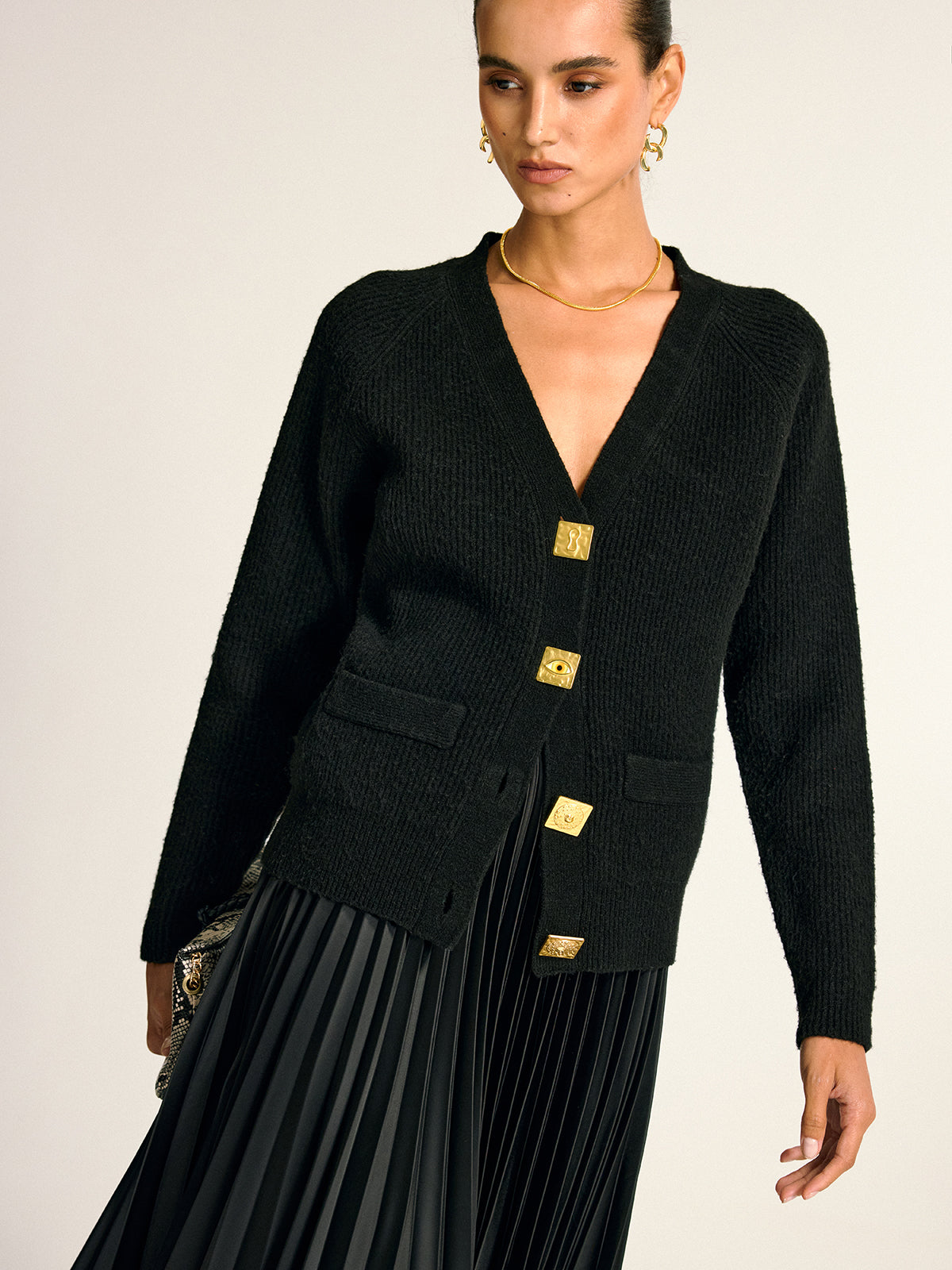 Metal Button V-Neck Wool Blend Cardigan-Chicvia