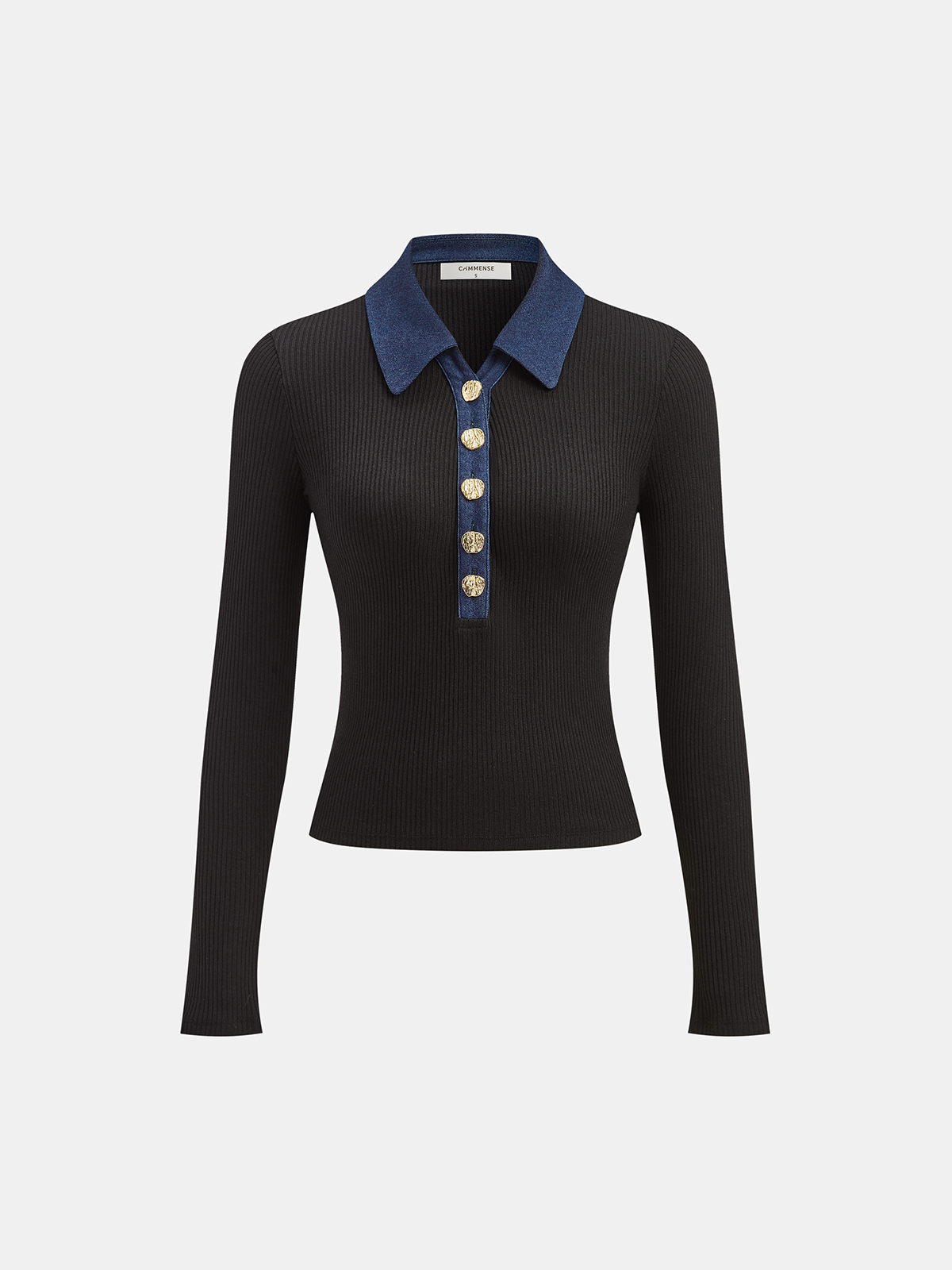 Contrast Collar Metal Button Ribbed Knit T-Shirt-Chicvia