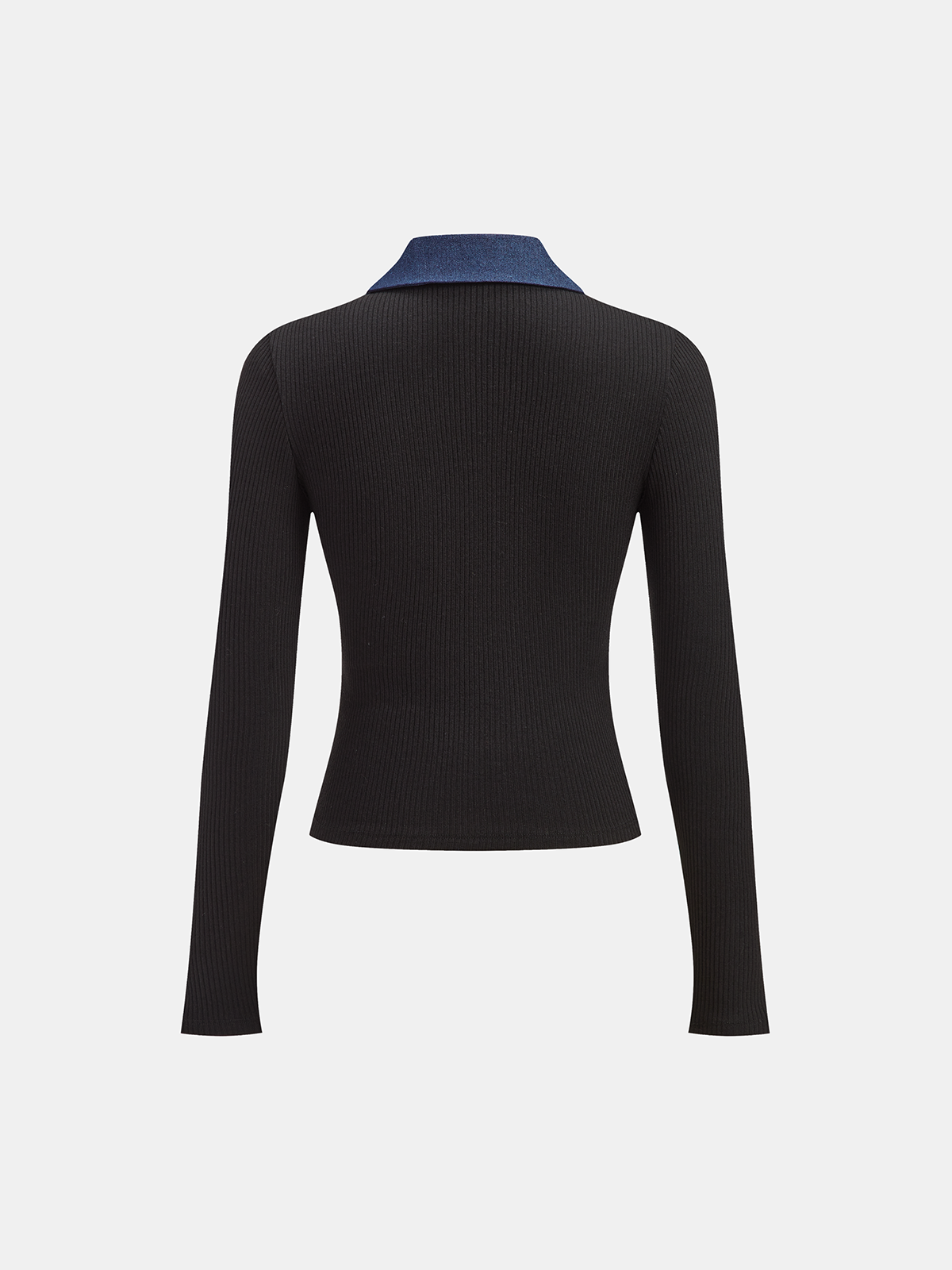 Contrast Collar Metal Button Ribbed Knit T-Shirt-Chicvia