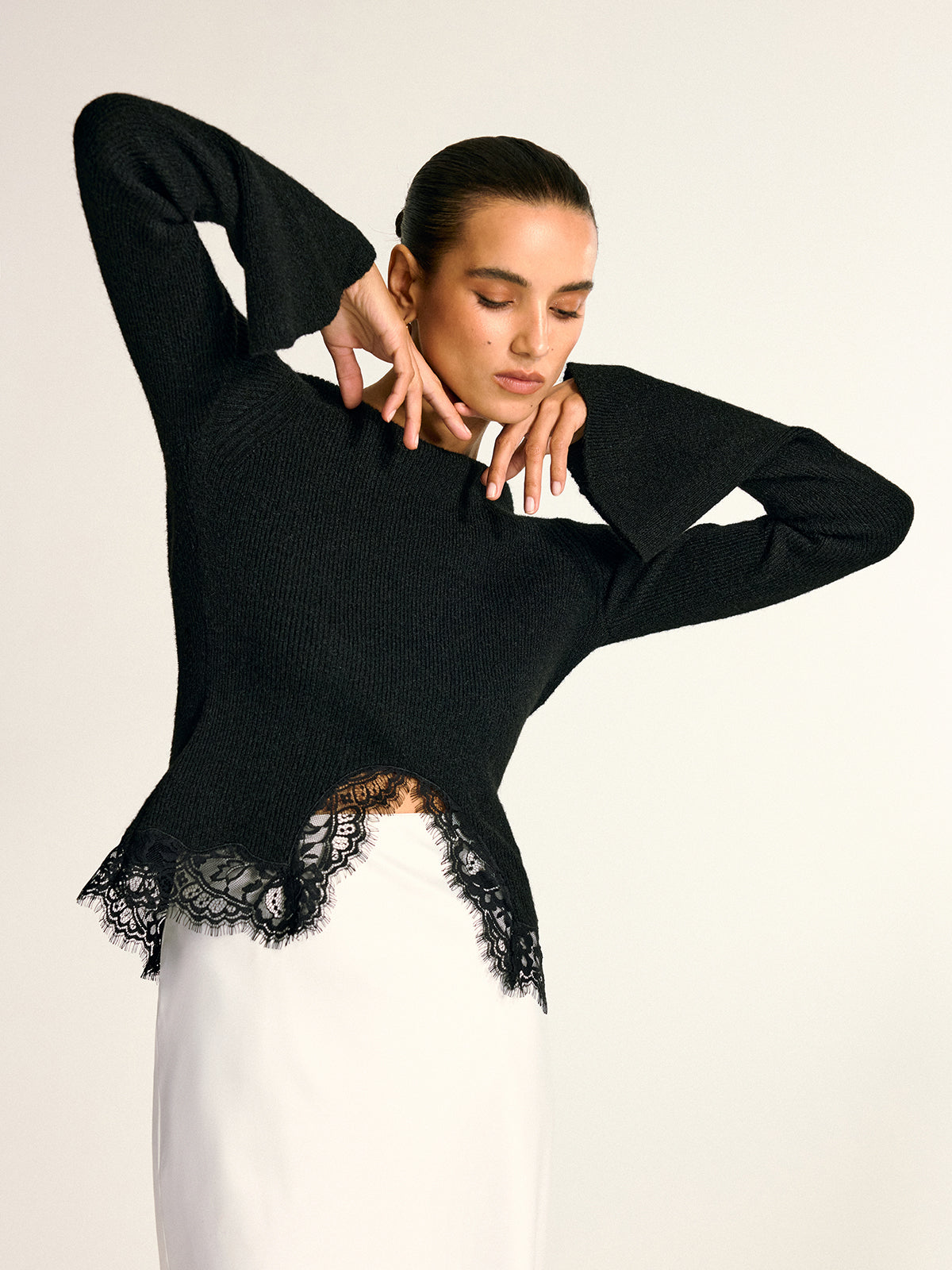 Lace Hem Bell Sleeve Wool Blend Knit Top-Chicvia