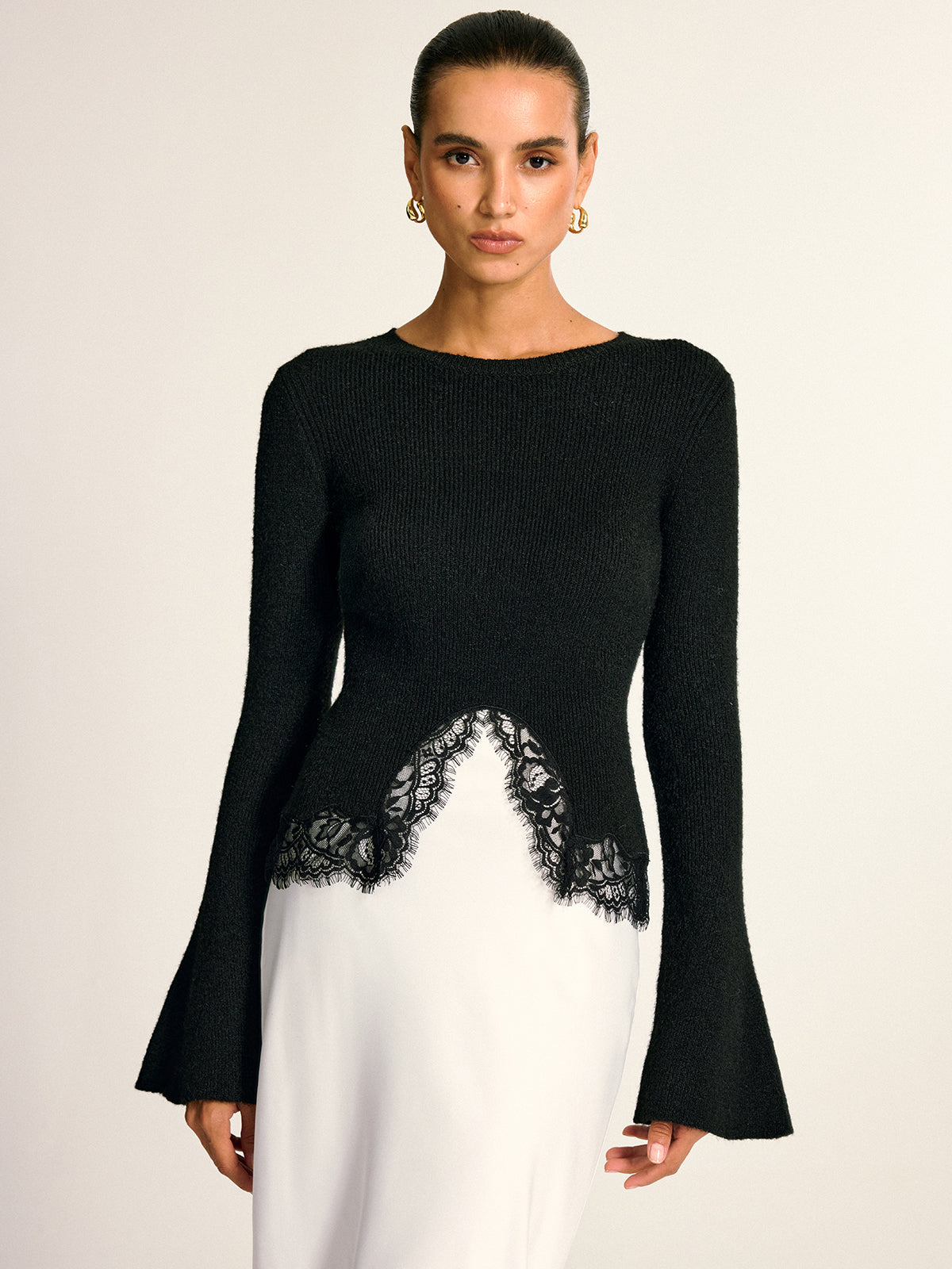 Lace Hem Bell Sleeve Wool Blend Knit Top-Chicvia