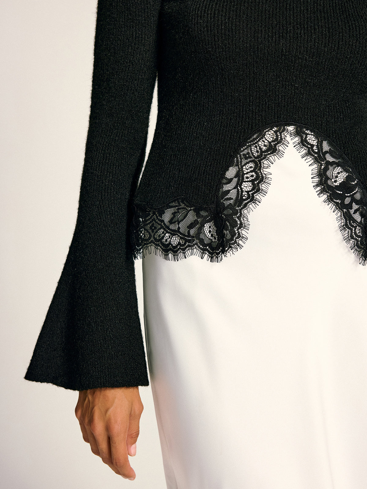 Lace Hem Bell Sleeve Wool Blend Knit Top-Chicvia