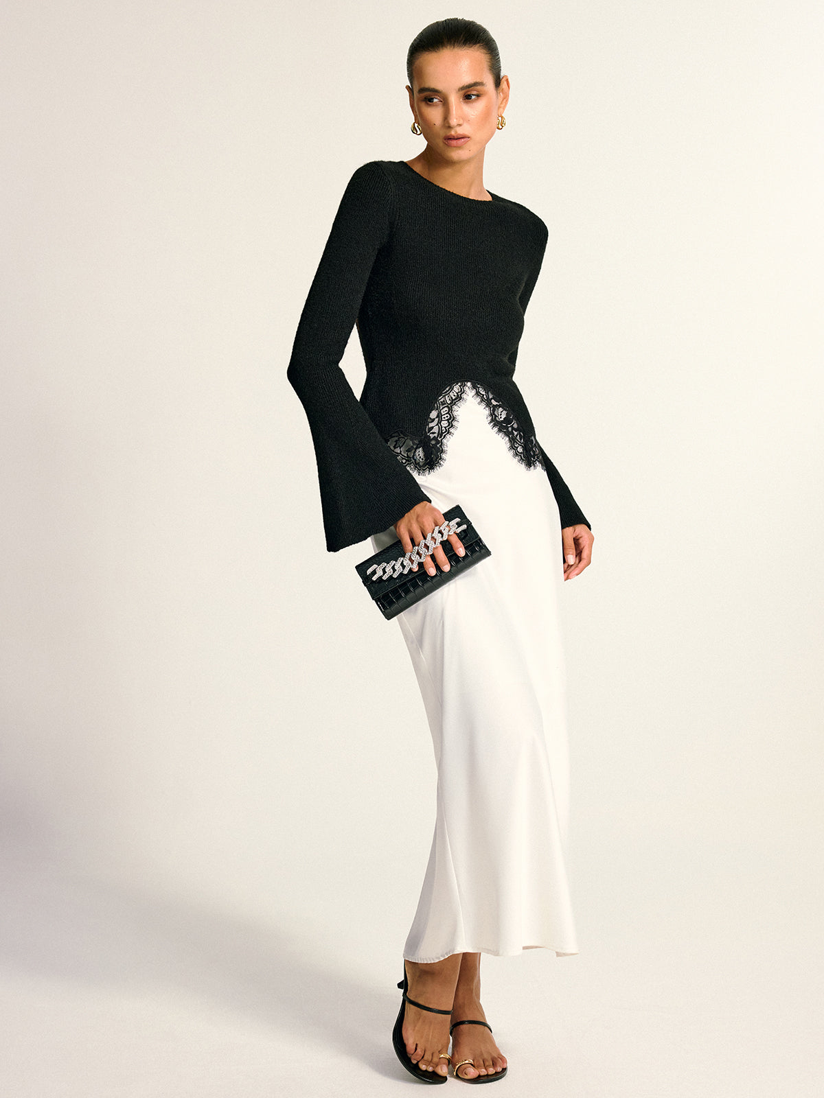 Lace Hem Bell Sleeve Wool Blend Knit Top-Chicvia