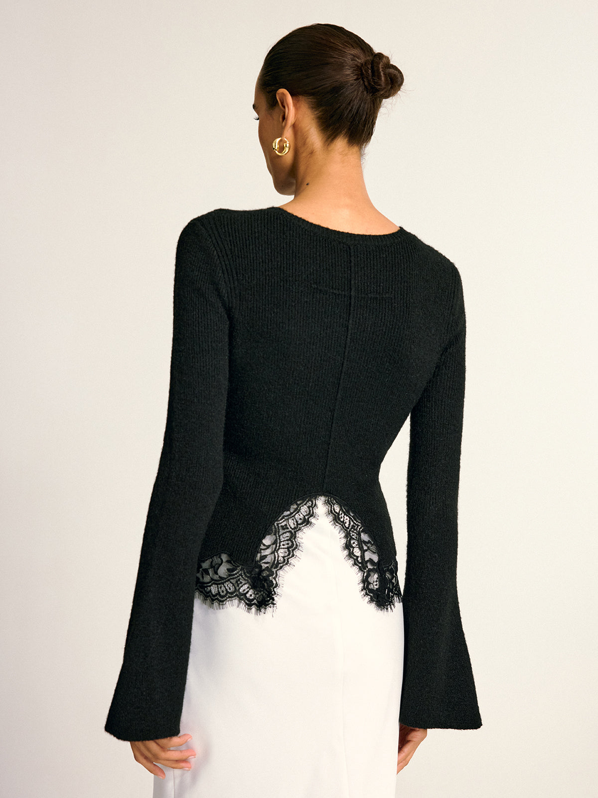 Lace Hem Bell Sleeve Wool Blend Knit Top-Chicvia