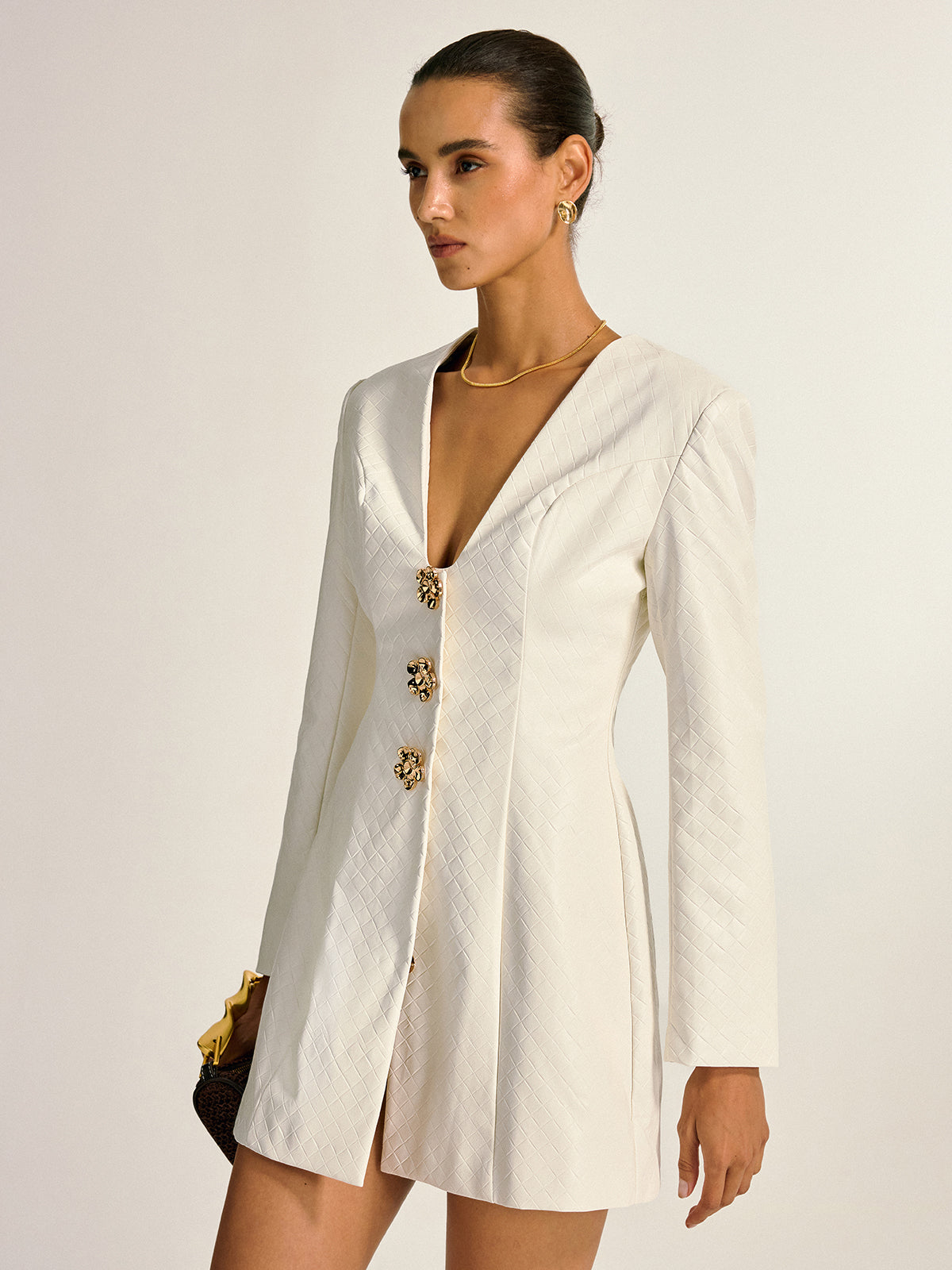 Floral Metal Button Faux Leather Mini Dress-Chicvia