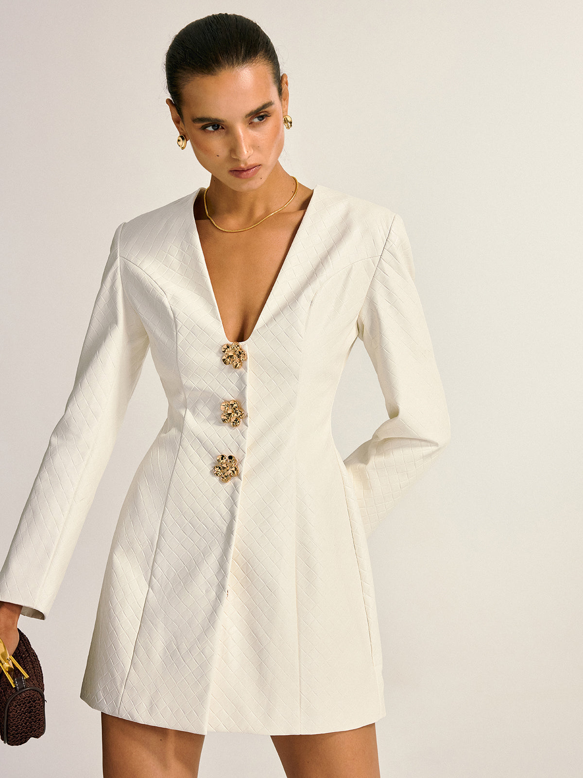 Floral Metal Button Faux Leather Mini Dress-Chicvia