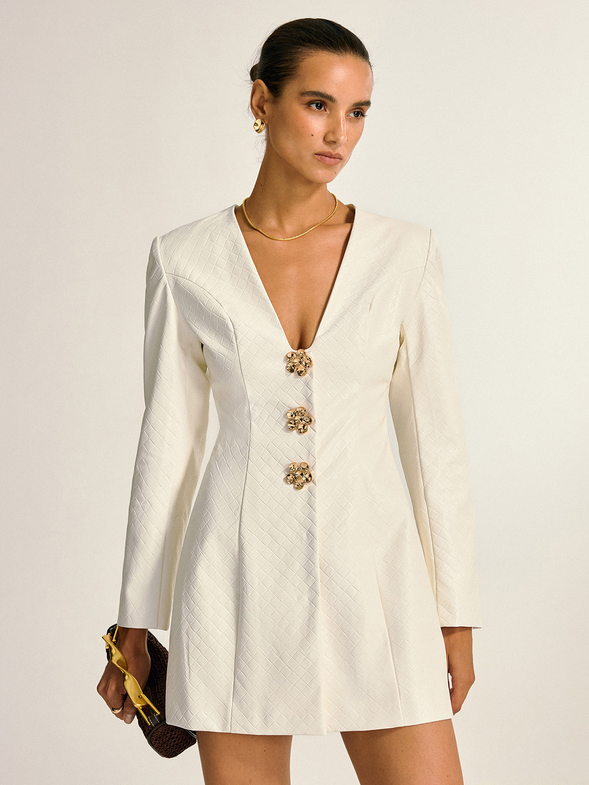 Floral Metal Button Faux Leather Mini Dress-Chicvia