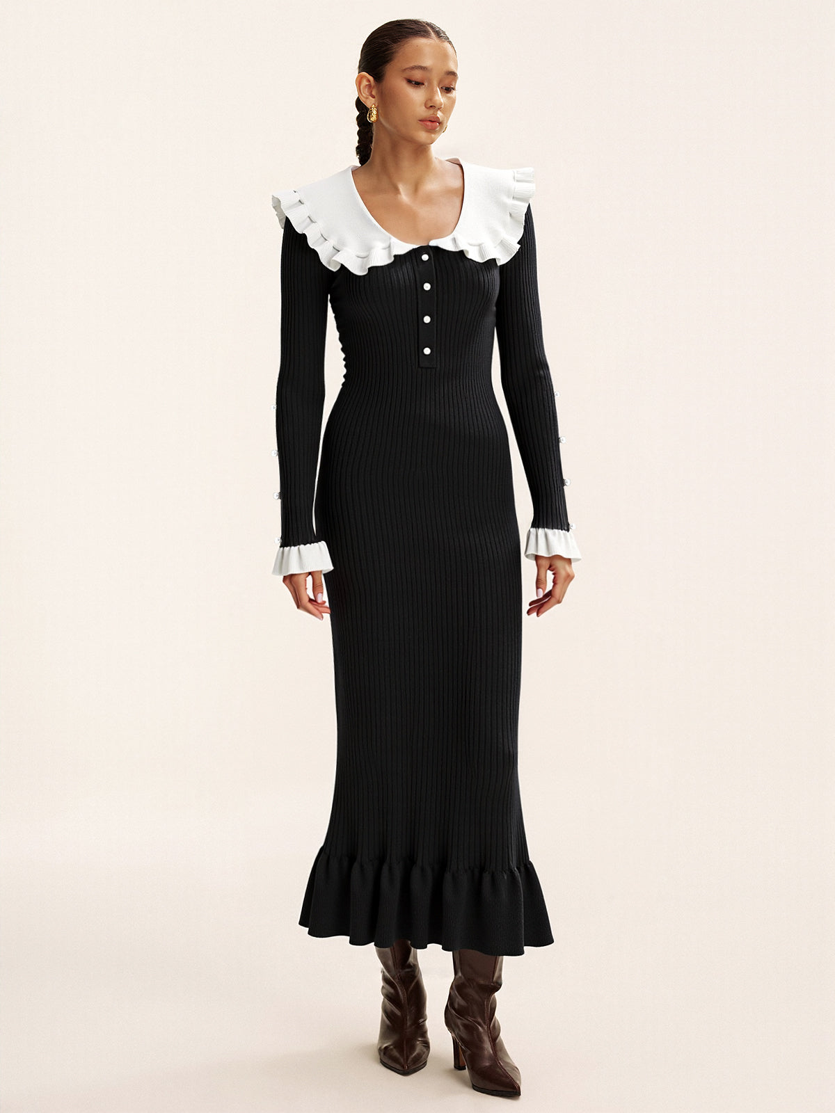 Contrast Ruffled Collar Knit Midi Dress-Chicvia