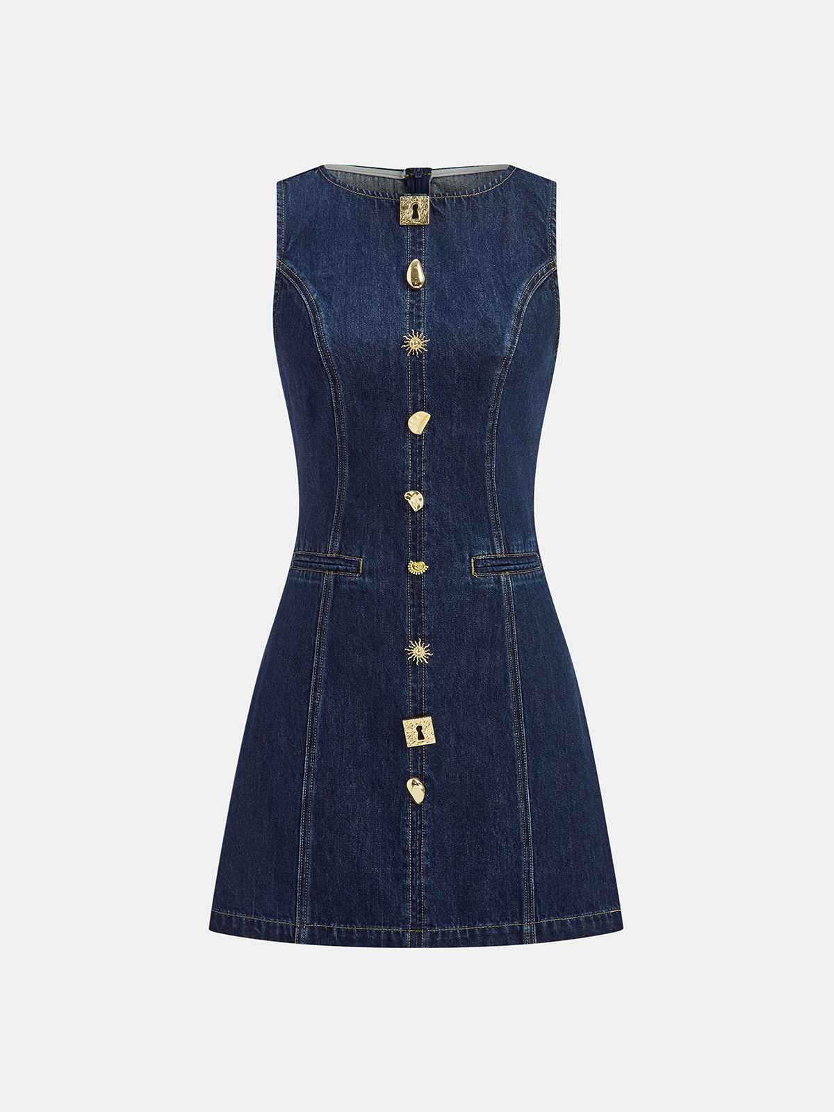 Metal Detail Denim Sleeveless Mini Dress-Chicvia