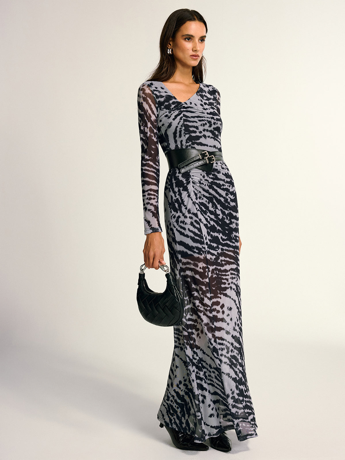 Long Sleeve Ruched Abstract Print Dress-Chicvia
