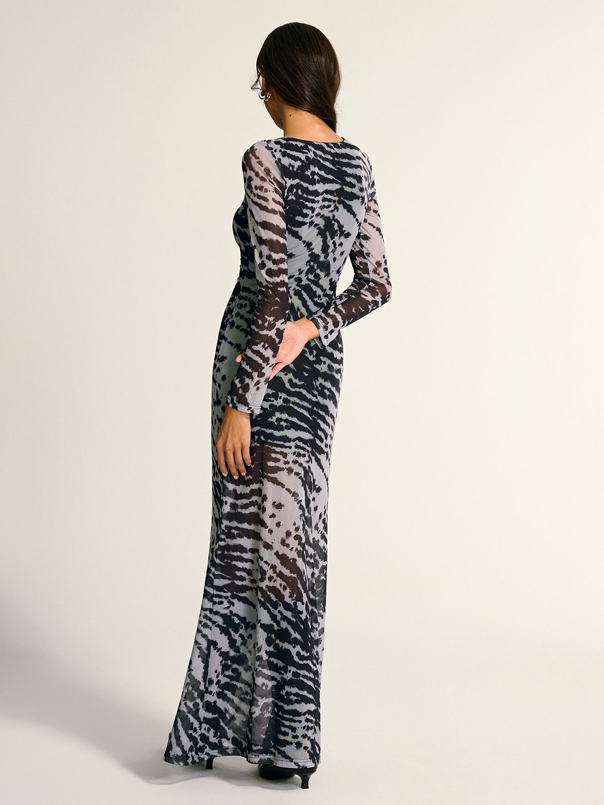 Long Sleeve Ruched Abstract Print Dress-Chicvia