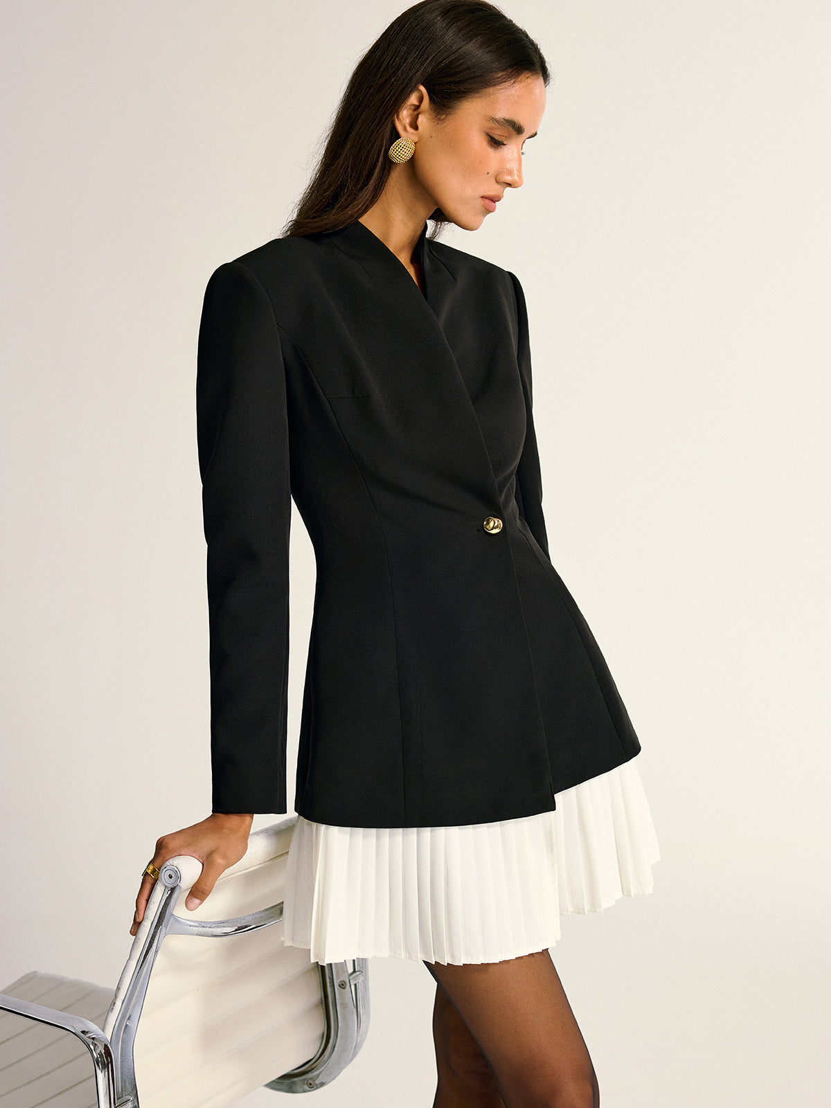 Contrast Pleated Hem Blazer Dress-Chicvia