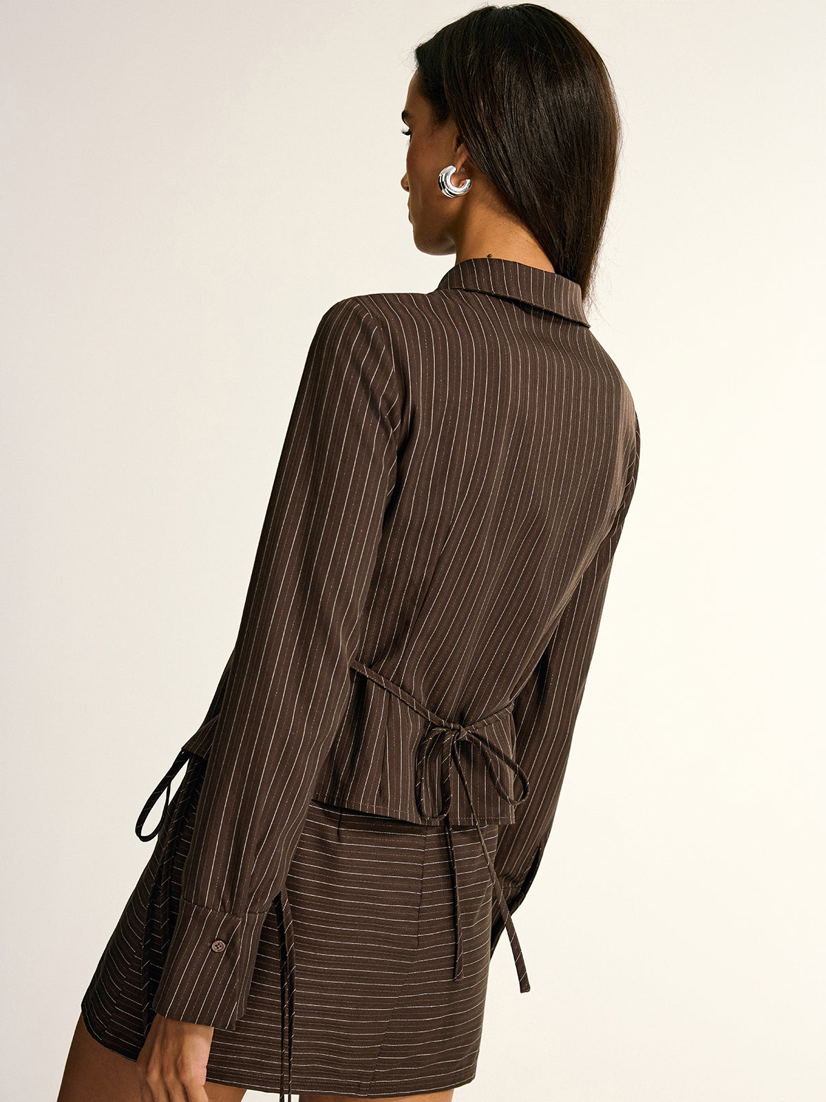 Cuff Tie Detail Striped Shirt-Chicvia