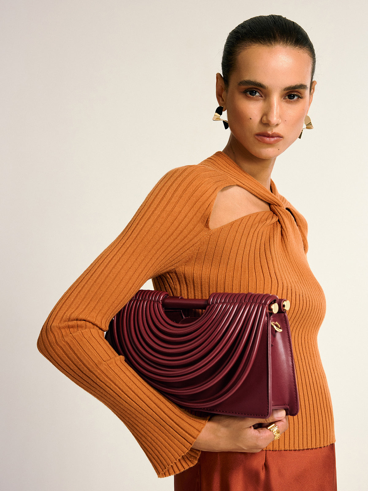 Curved Striped Handle PU Leather Bag-Chicvia