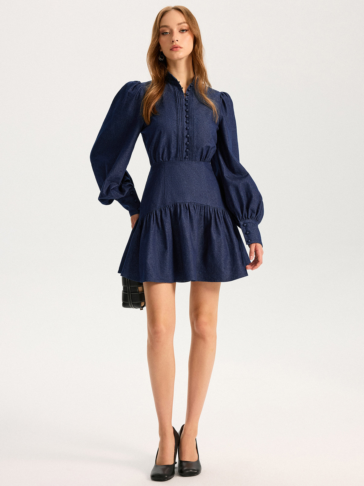 Denim Stand Collar Puff Sleeve Mini Dress-Chicvia