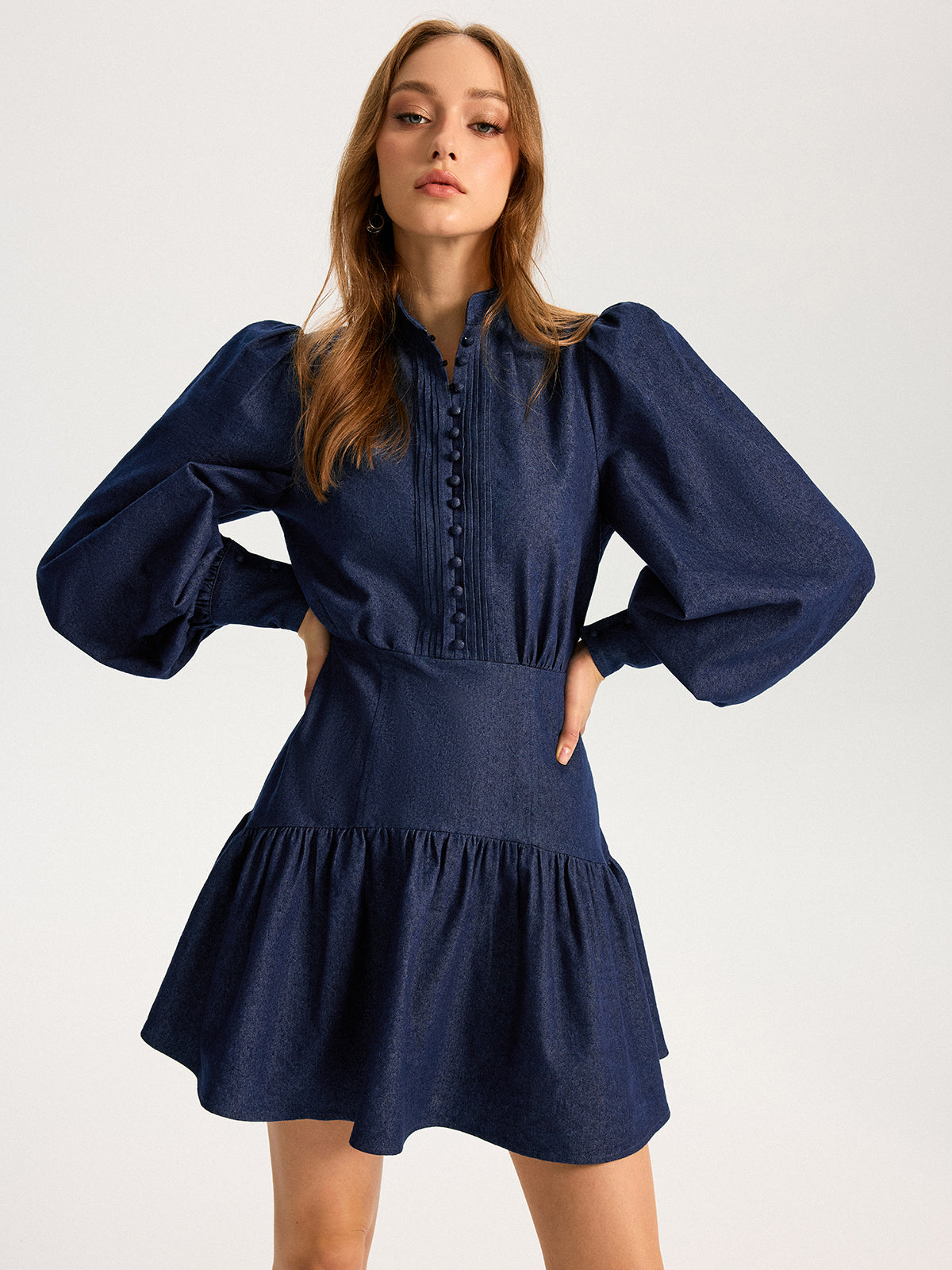 Denim Stand Collar Puff Sleeve Mini Dress-Chicvia