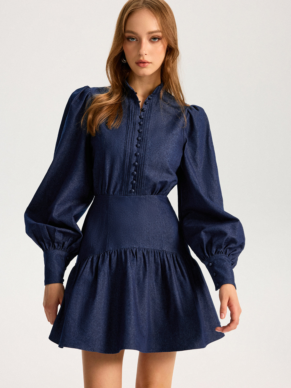 Denim Stand Collar Puff Sleeve Mini Dress-Chicvia