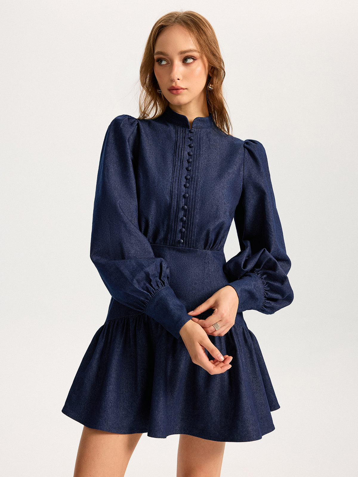 Denim Stand Collar Puff Sleeve Mini Dress-Chicvia