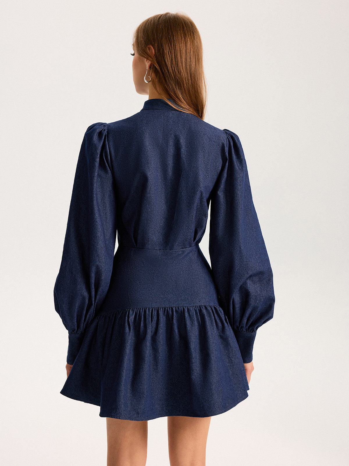 Denim Stand Collar Puff Sleeve Mini Dress-Chicvia