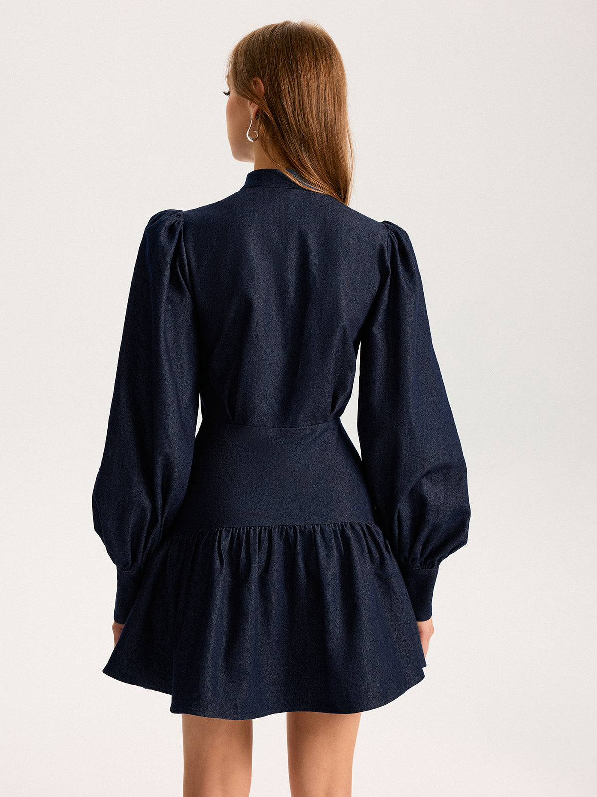 Denim Stand Collar Puff Sleeve Mini Dress-Chicvia